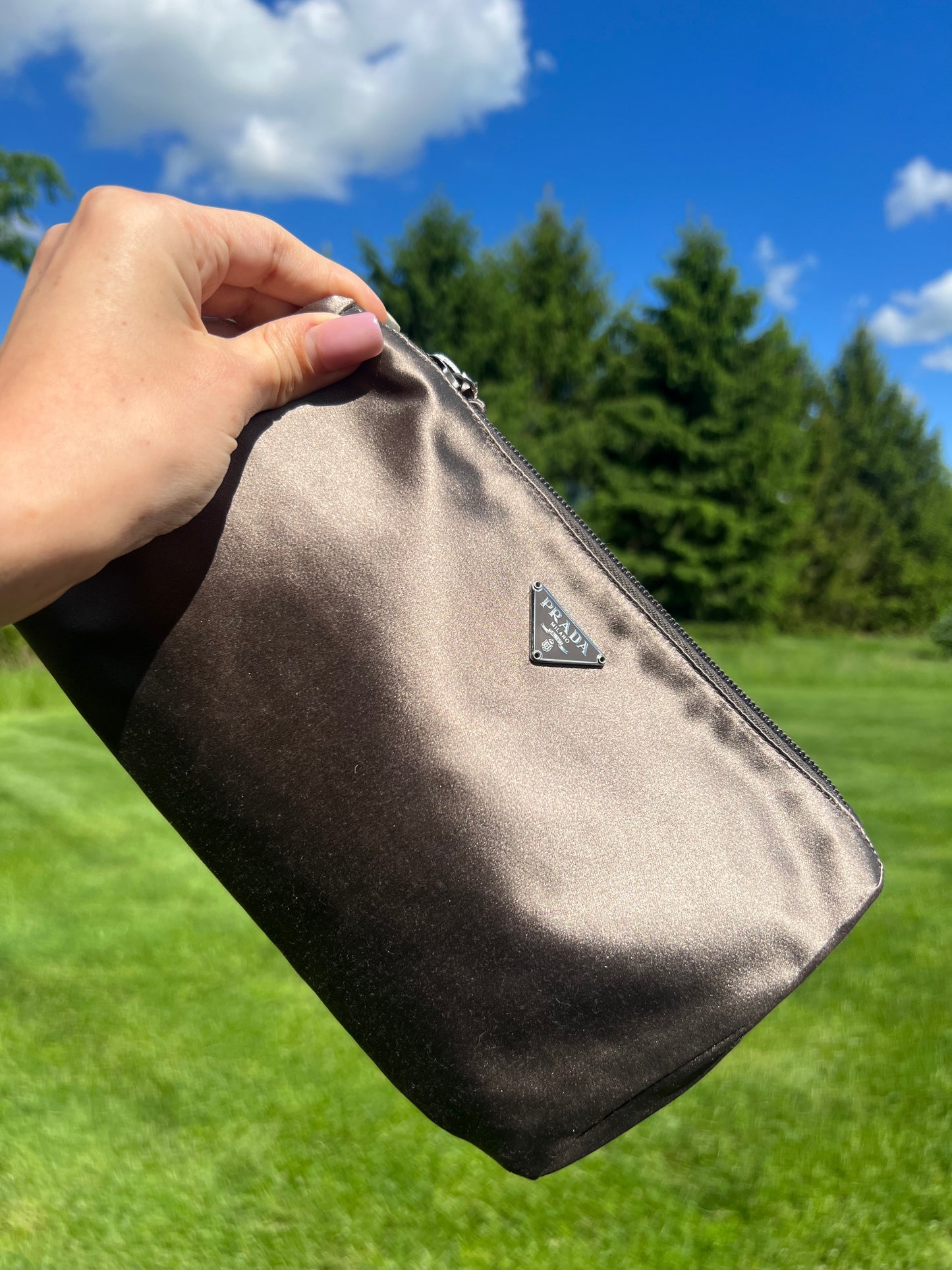 Prada Grey Satin Pouch