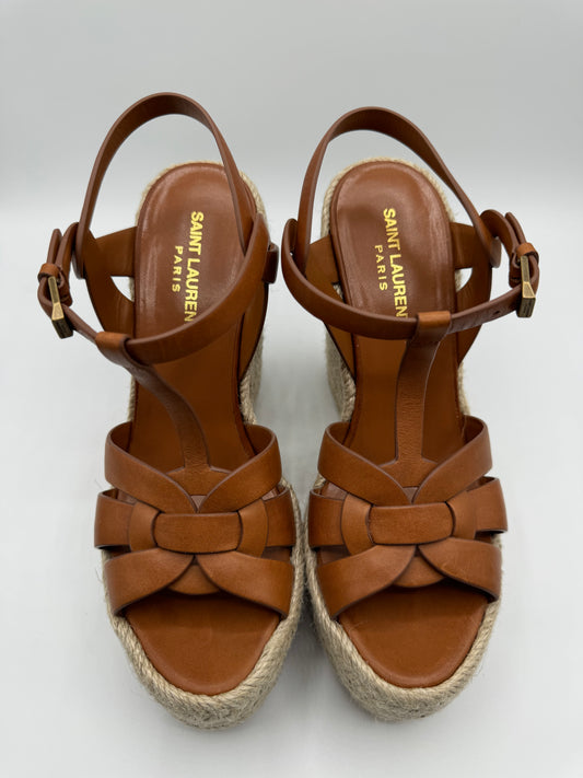 YSL Tribute Leather Espadrille Wedges- Brown