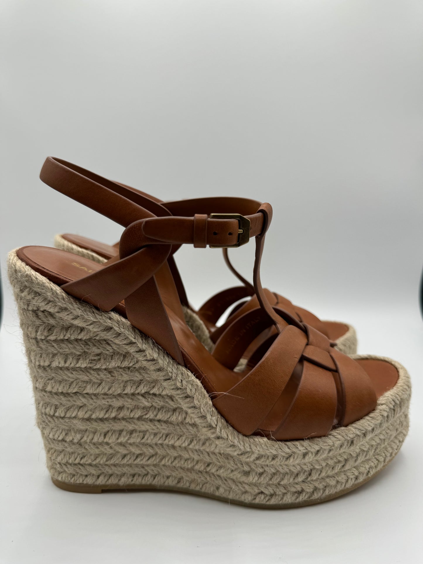 YSL Tribute Leather Espadrille Wedges- Brown