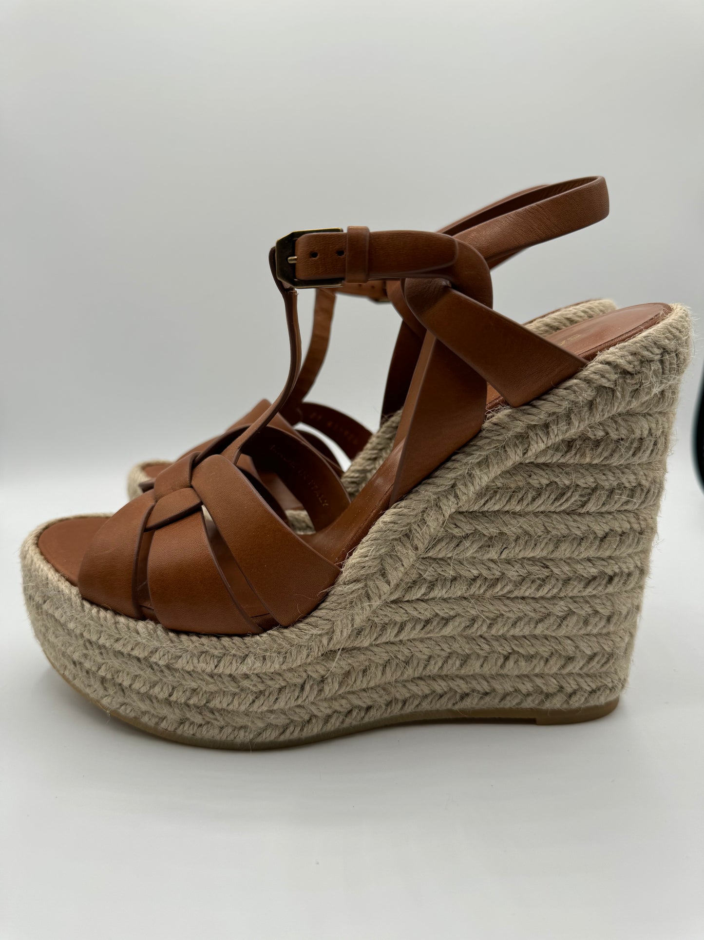 YSL Tribute Leather Espadrille Wedges- Brown